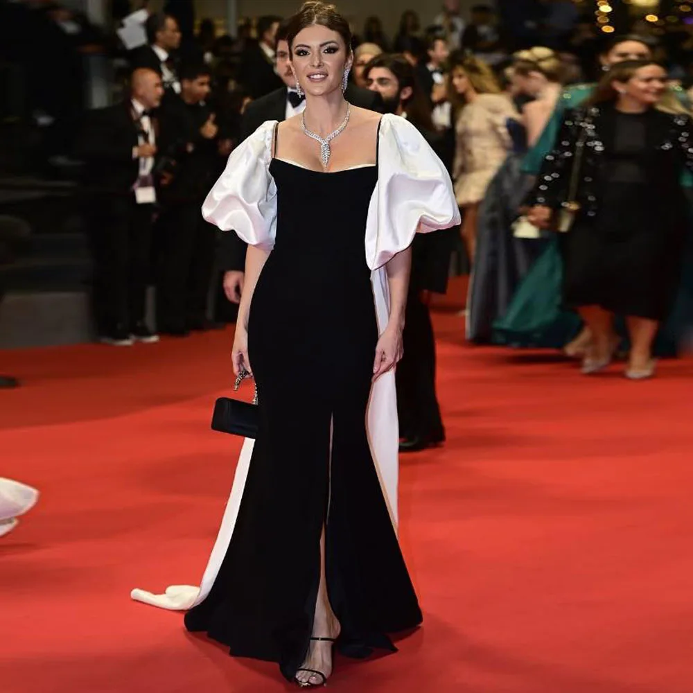 فساتين سهرة بحزام سباغيتي أسود مخصص بفتحة جانبية حورية البحر فستان السجادة الحمراء بأكمام منتفخة رسمية فيستدوس دي فييستا