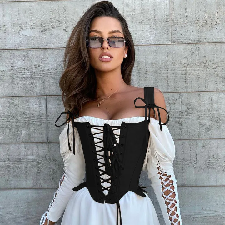 Medieval Renaissance Corset Tops Vintage Bustier Crop Tops Lace-up Ren Faire Corset Black White Bodice Tanks Camisole For Women