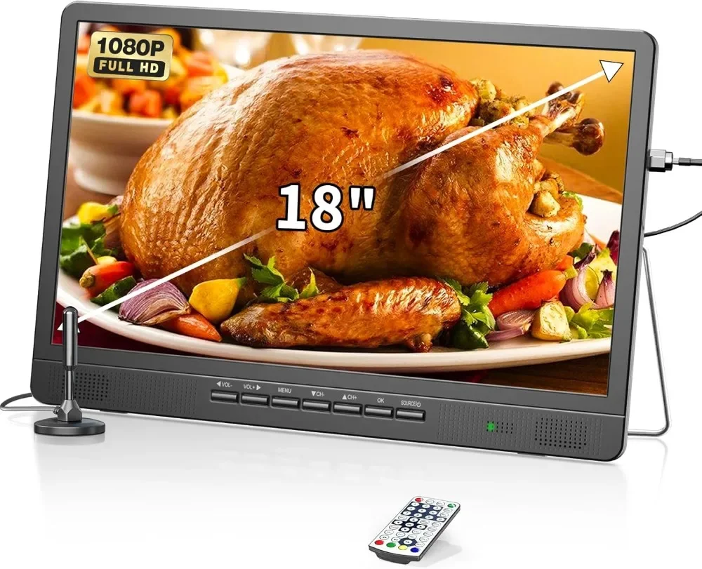 Desobry TV portátil, mini TV LCD de 18" con sintonizador DVB/T2, televisores de 12V, HD 1080P, para Camping al Aire Libre, Dormitorio,
