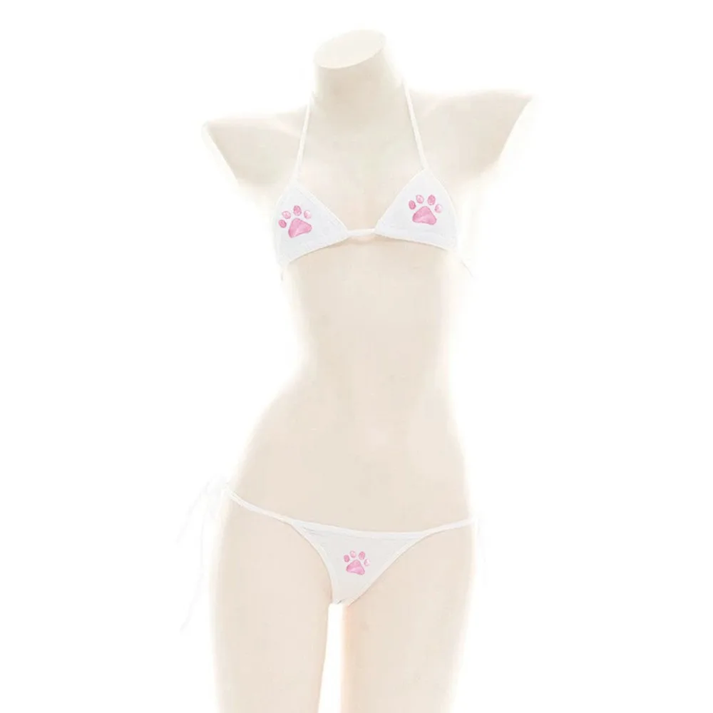 

Fashion Lace Up Bra Panties Set Bikini Beachwear Clothing Two Pieces Swimwear Cosplay Cat Claw Underwear Suit Beach