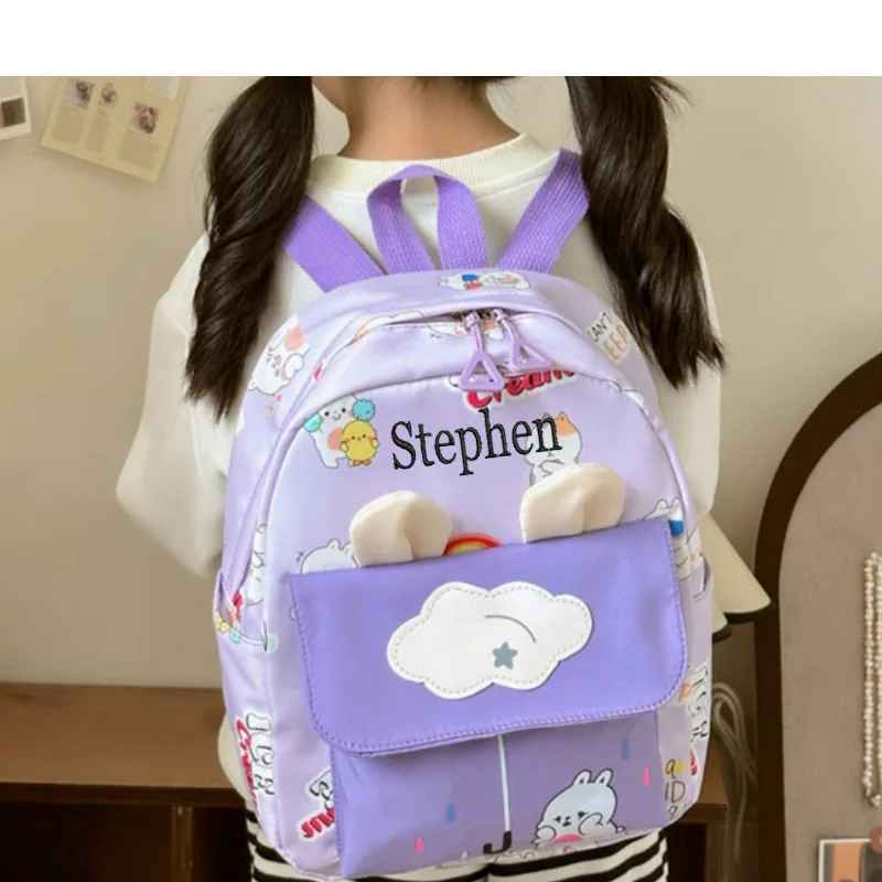 Mochila bonito orelha coelho, Saco de escola do estudante nome personalizado, Coelho branco pequeno impresso, Multi personalizado