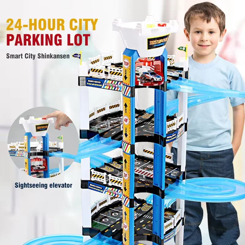 Parken Gebäude Elektrische Track Montieren Große Parkplatz Spielzeug mit Elektrische Hand Lift Schienen Racing Schiene für Kind Geschenke Junge Spiel