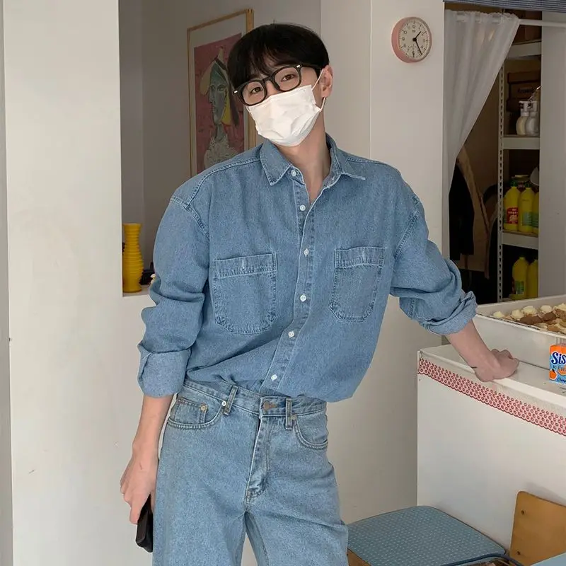 

Мужской повседневный джинсовый комплект в гонконгском стиле: тонкая рубашка с длинным рукавом и свободная куртка для весны и осени, модный и универсальный набор