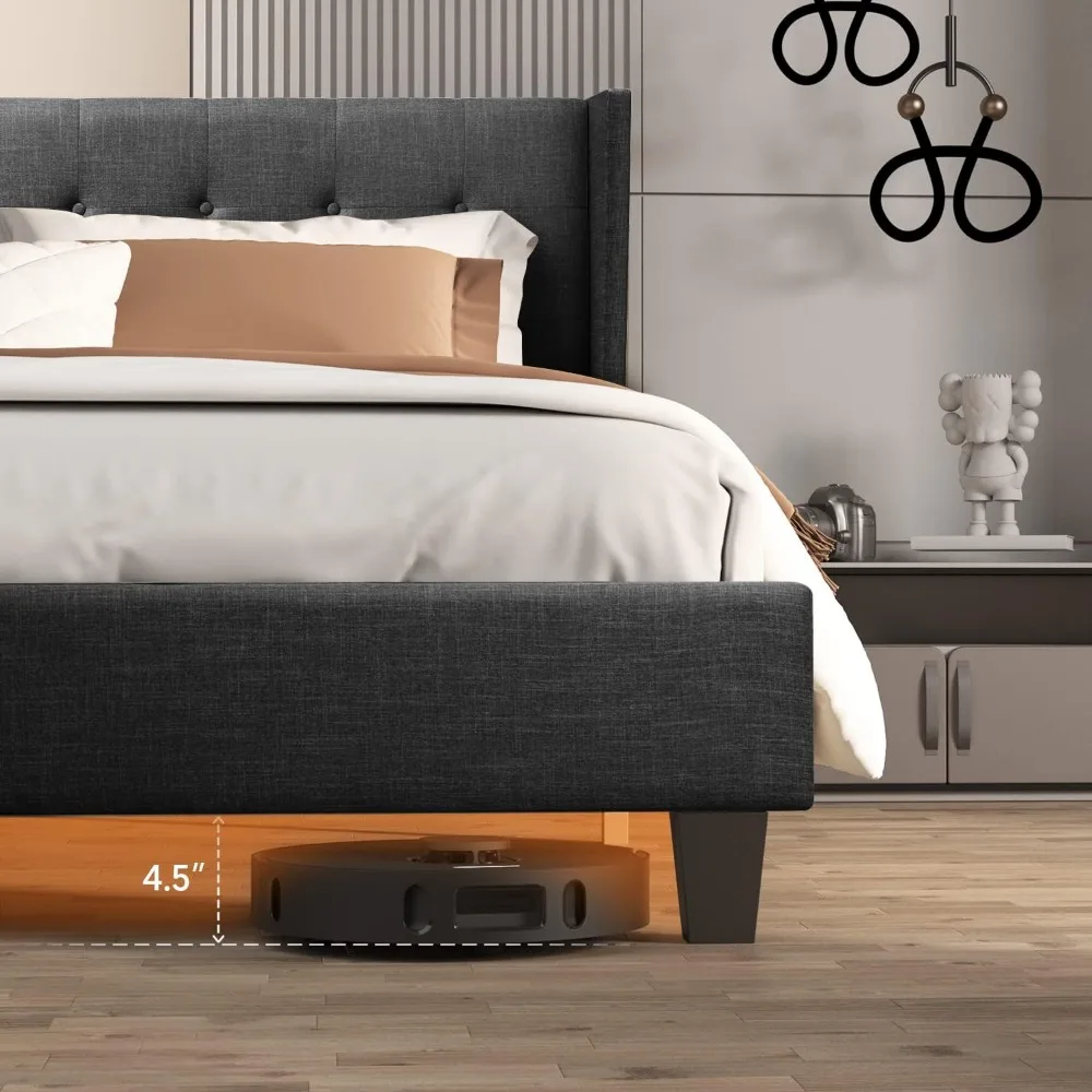 Traditioneel laag profiel platformbedframe met vleugelachterhoofdeinde in donkergrijze linnen bekleding - queensize