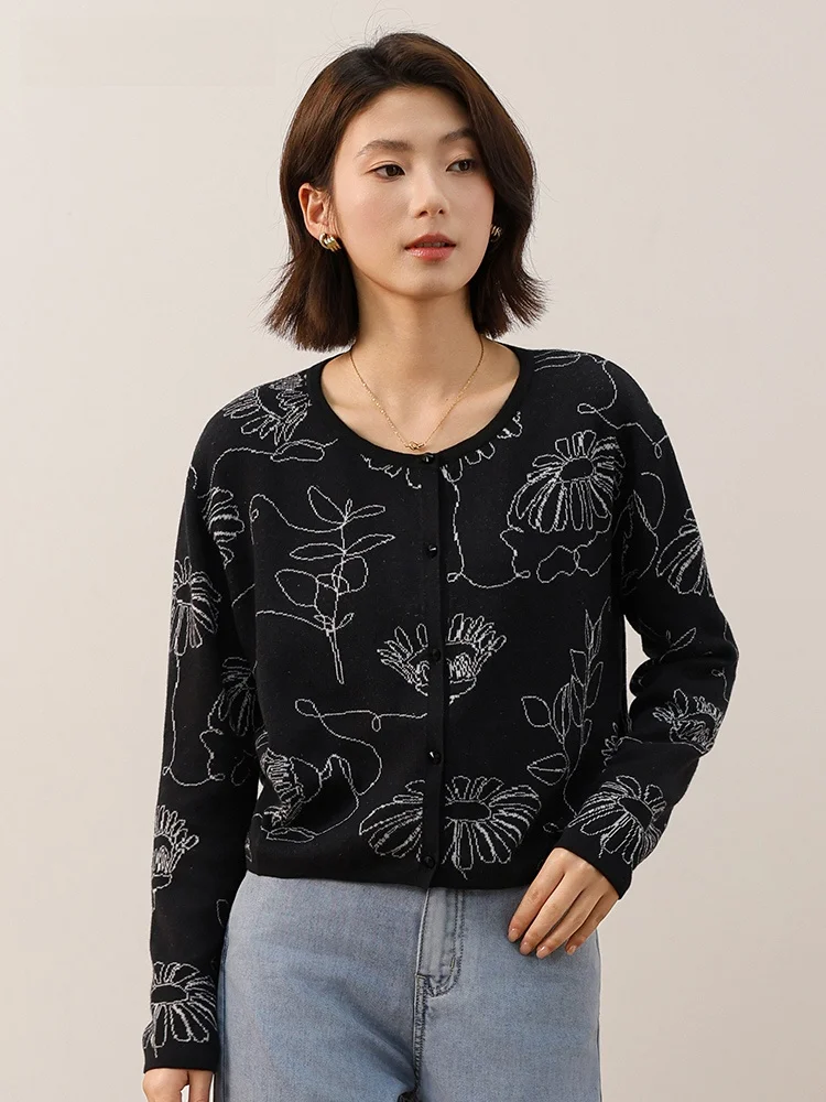 

Экологичный женский кардиган с круглым вырезом, свободный крой, с цветочным узором, для осени, универсальный, с длинными рукавами, вязаный.