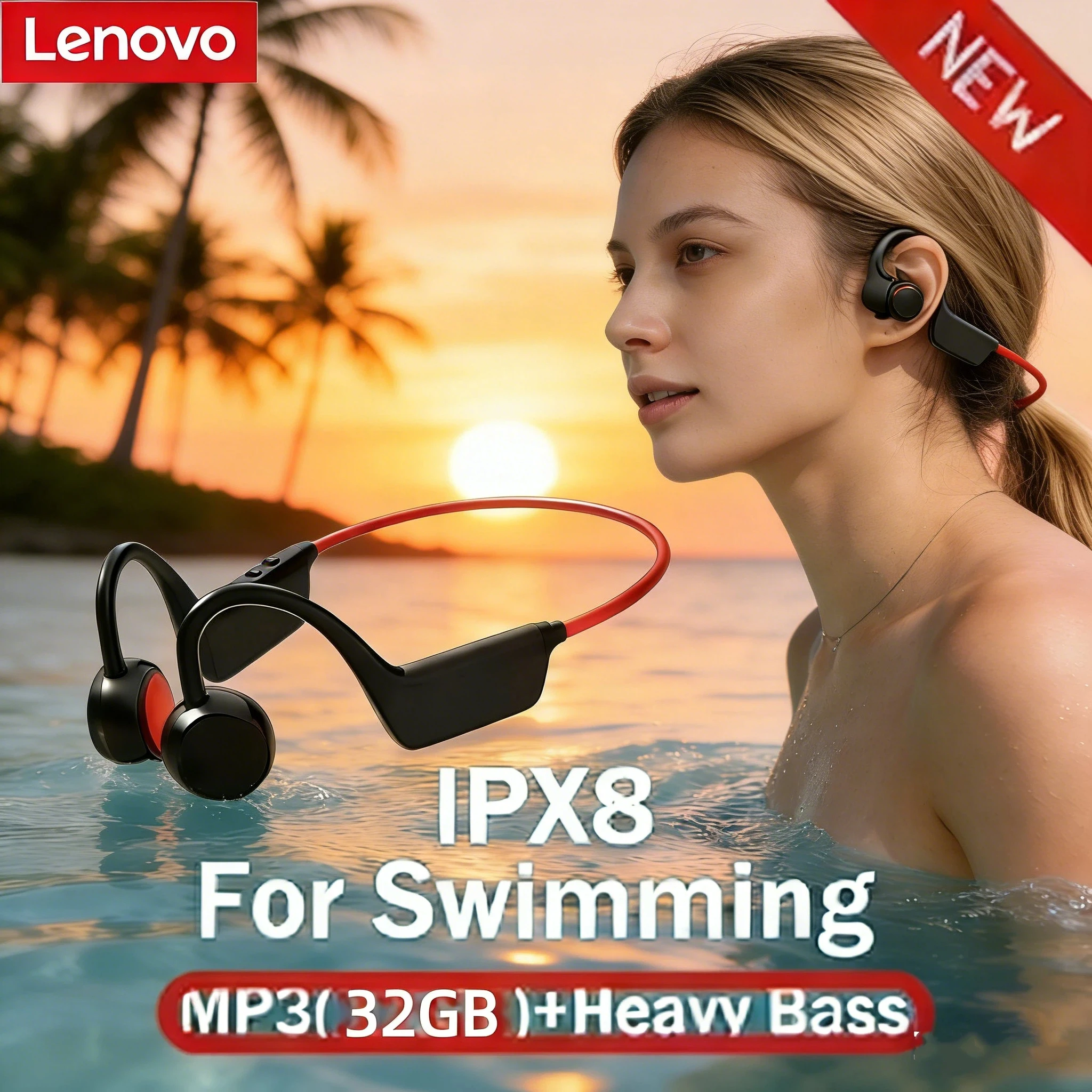 Lenovo Bone Conduction Headset Wireless Swimming Sports Headphone IPX8 32GB Bluetooth 5.4 With Mic Waterproof Exercise Fitness