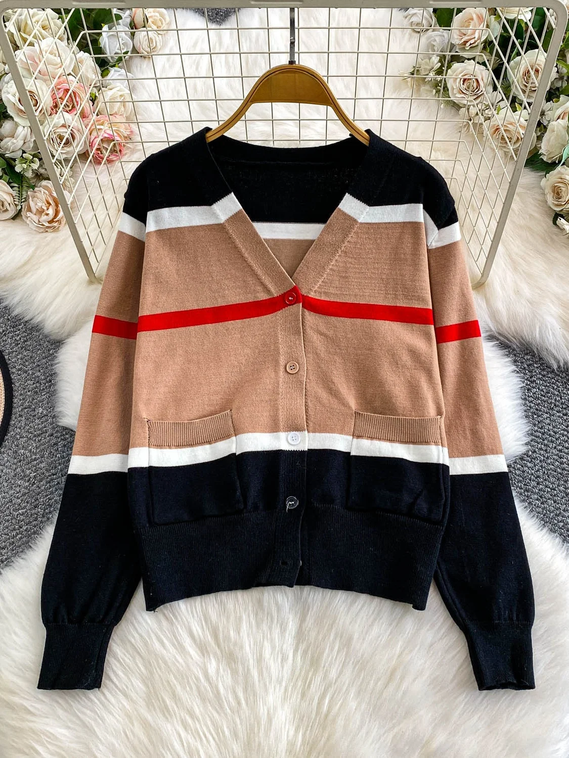 Süße Streifen V-Ne offene Strickjacke Damen locker gestrickt Top Winter Faion Design lässig bequeme Passform lange Sve Pullover