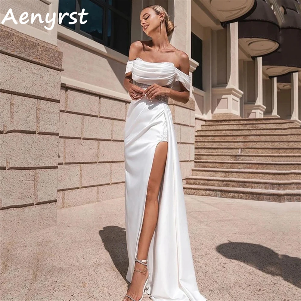 

Aenyrst Modern Off Shoulder Side High Split Wedding Dresses Satin Mermaid Backless Sweep Train Bridemaid Ball Gowns Custom Made