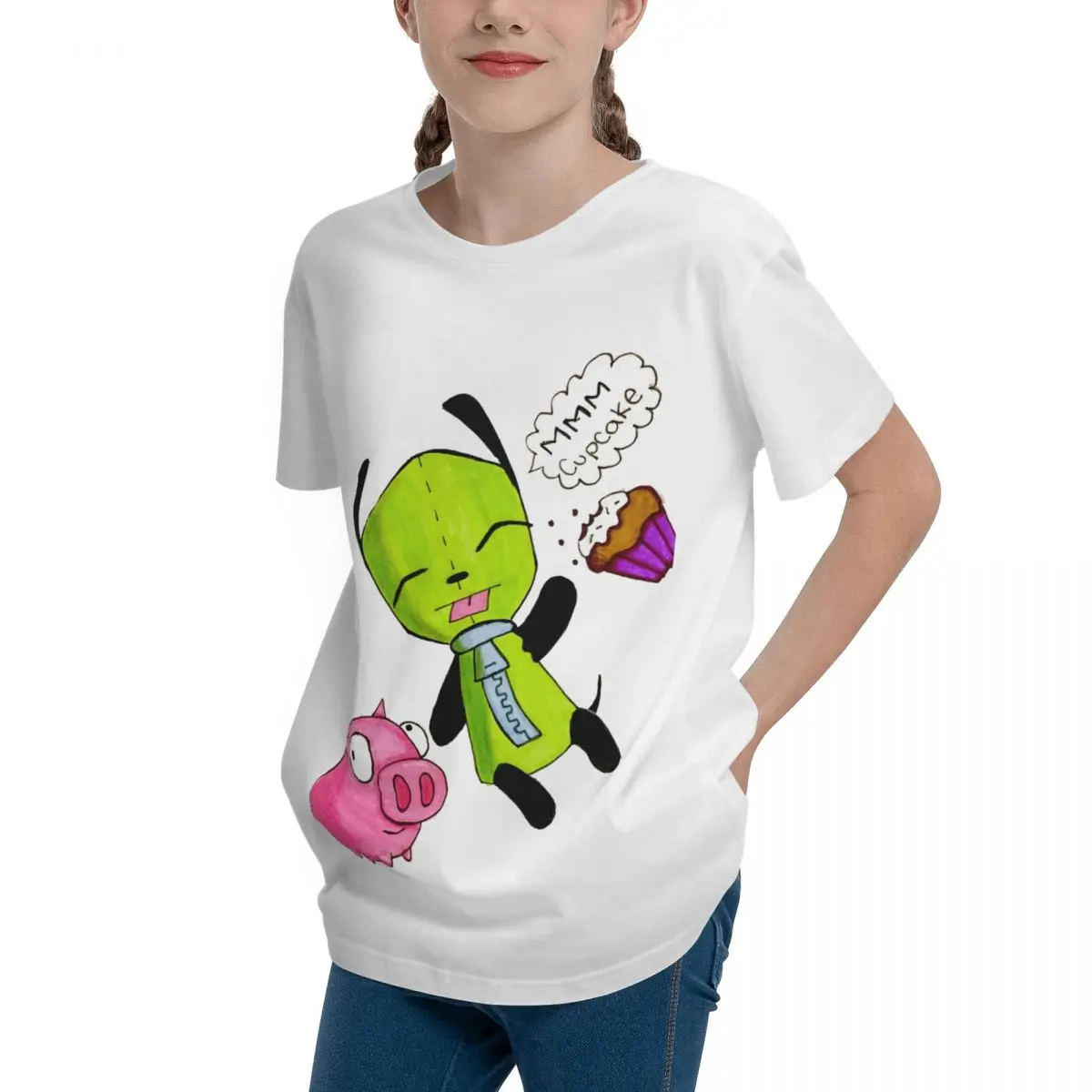 Teeanger Basic Short Sleeve T-Shirt Gir With His Pig And Cupcake For Sa RetroHigh grade T-shirts Classic Casual Adolescents