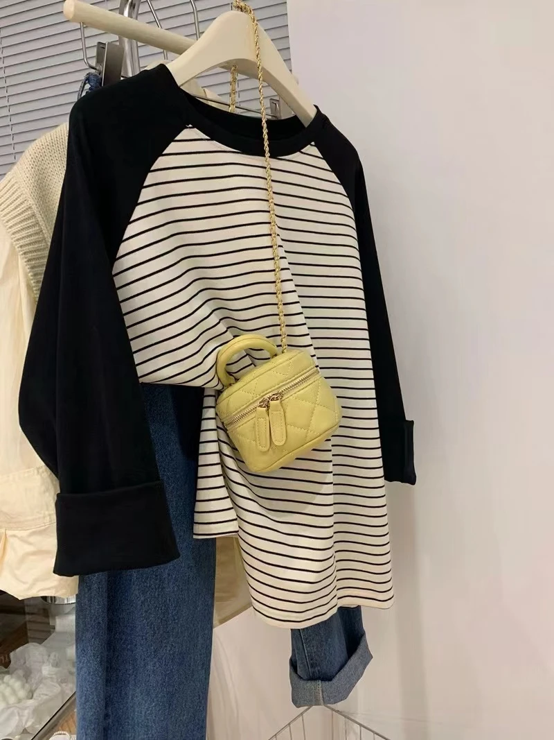 Extra Large 300 Pounds High Quality Unique Shoulder Sleeve Long Sleeve T-Shirt Women's Spring Autumn Thin Stripe Color Block Top