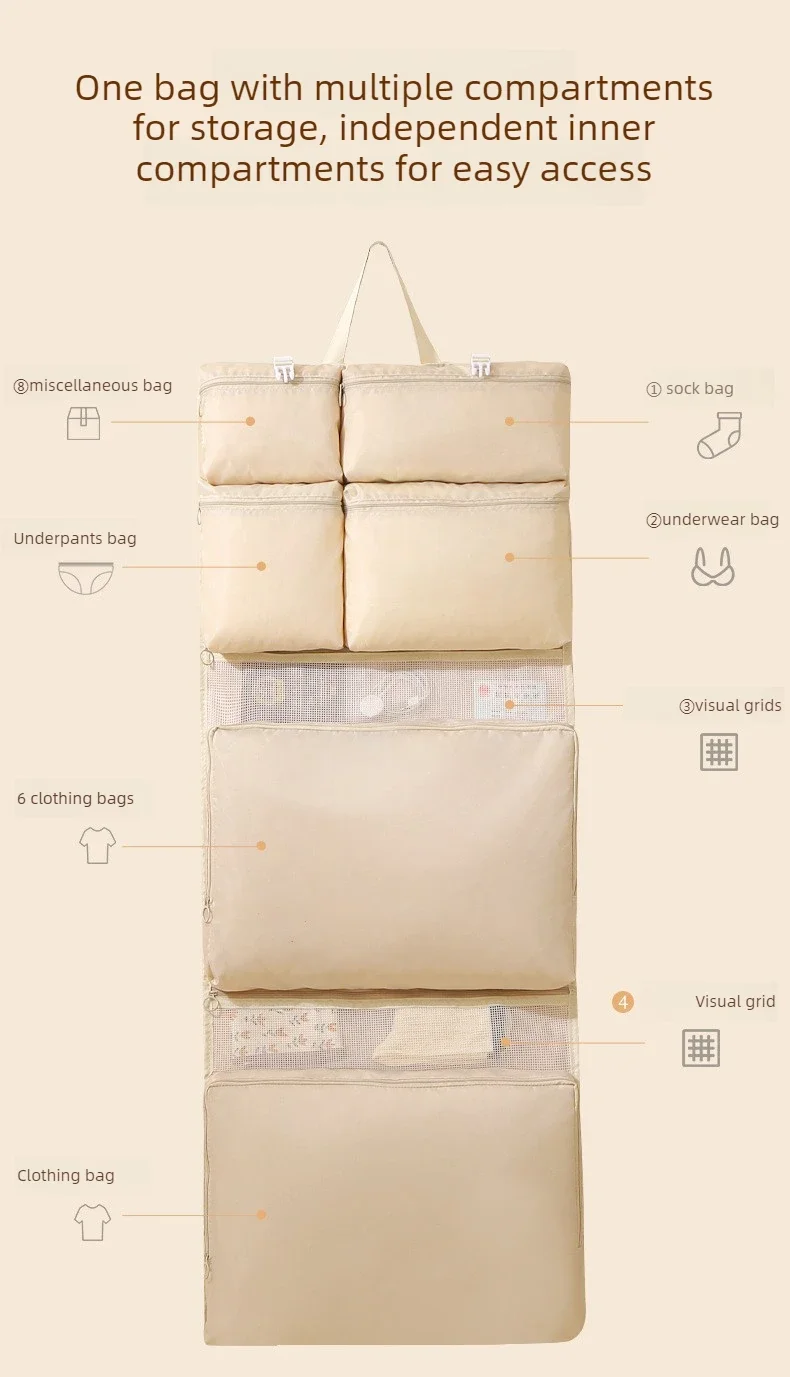 Reise-Hängeaufbewahrungstasche Tragbarer Faltbarer Mehrfach-Organizer für Kleidung und Accessoires – Detail 5