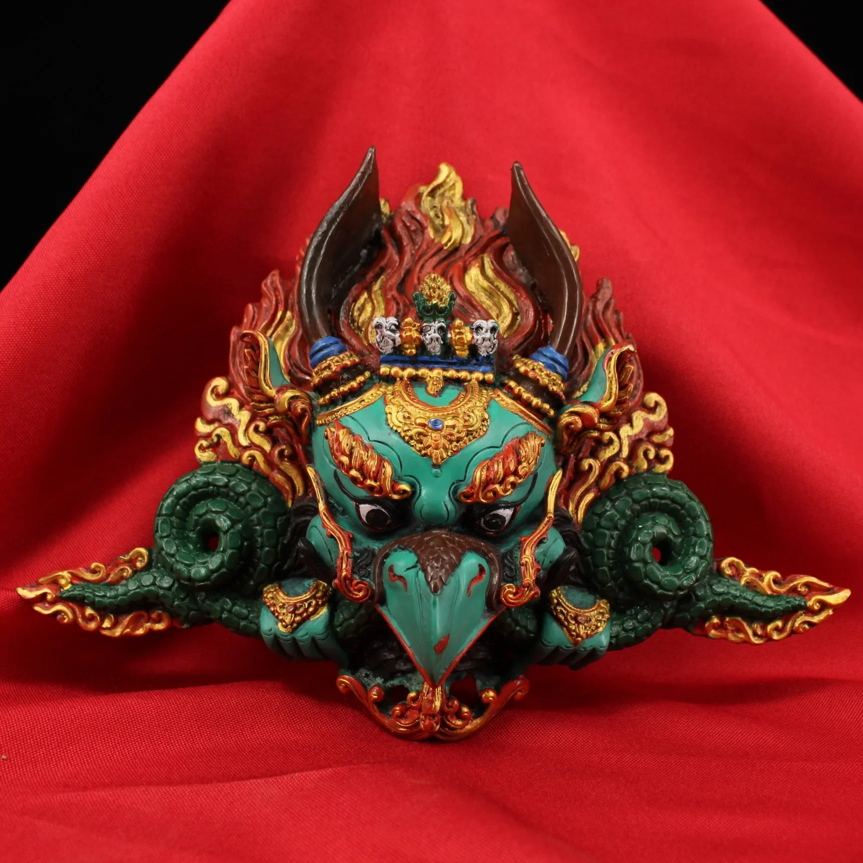 

25cm Nepal Hand Carved Paintings Lacquerware Roc Dharma Protector Statue Mask