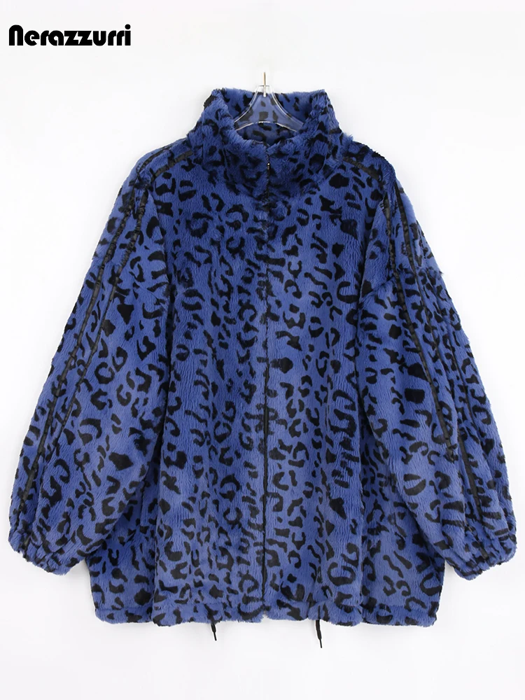 Nerazzurri Winter Oversized Leopard Print Warm Faux Fur Coat Women Long Sleeve Zip Up Casual Loose Fluffy Jacket Korean Fashion