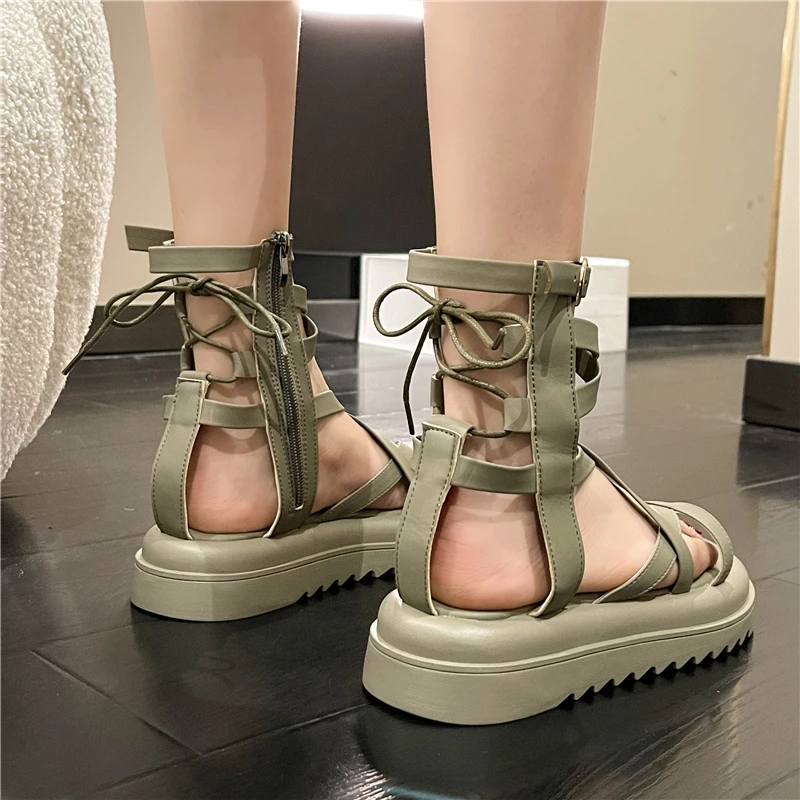 Platform Women Sandals 2022 Women\'s Roman Sandals Fashion Casual Shoes Side Zipper Fashion Sandals Summer High Top Cutout Boots