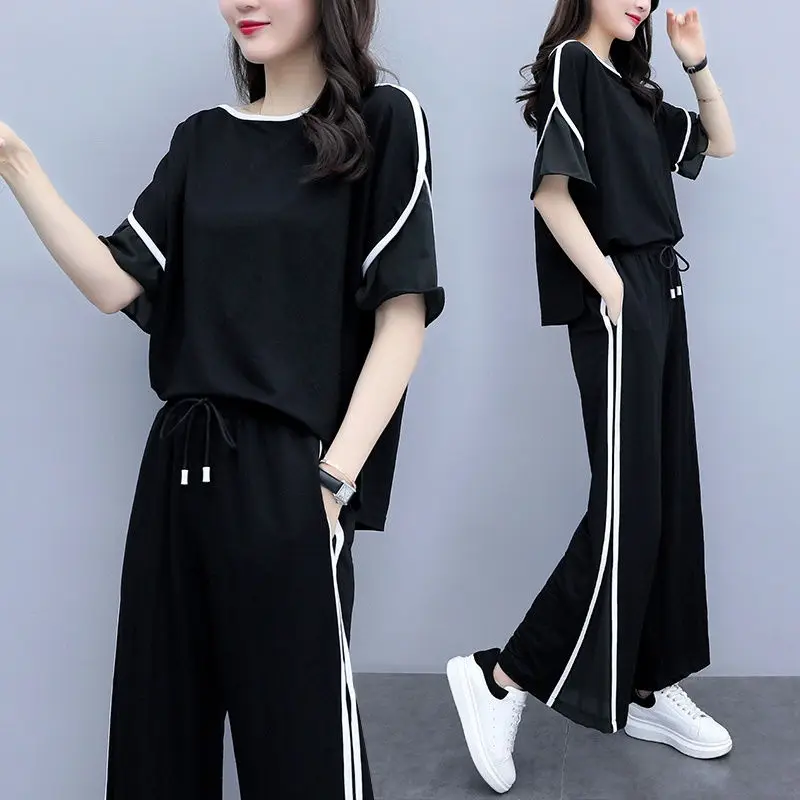 Summer New Large Suit Women\'s 2023 Korean Short-sleeved T-shirt Wide Leg Pants Two-piece Casual Suit Loose Sports Pants Set