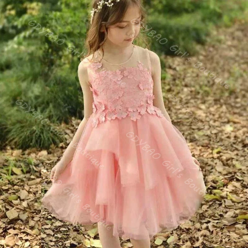 Vestido de renda com apliques para meninas, vestido para casamento, crianças, gola redonda, comprimento do joelho, tule em camadas, princesa, aniversário, vestidos personalizados