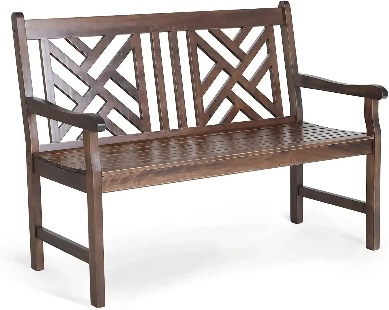 Outdoor Acacia Wood Garden Bench with Backrest and Armrest, 2-Person Slatted Seat Bench Patio Furniture for Porch Park