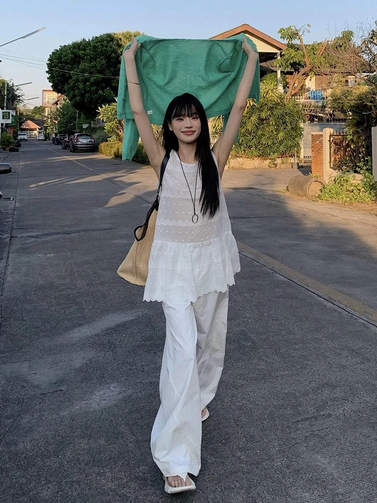 Estilo coreano branco renda bordado colete crimento médio sem mangas primavera verão novo doce suave camadas vestido de sa...