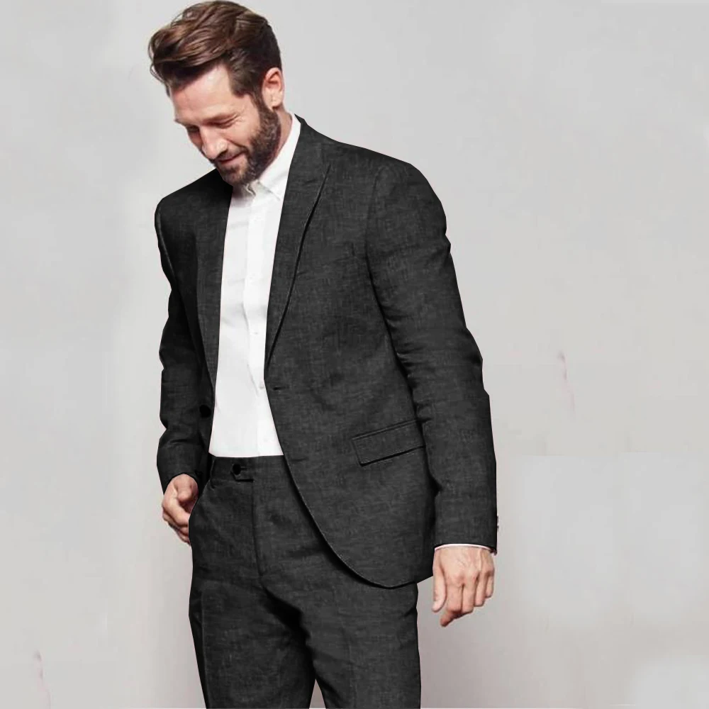 Traje de lino para hombre, chaqueta y pantalones, traje de novio para boda, conjunto de 2 piezas con solapa, trajes de lujo de un solo pecho, Blazer