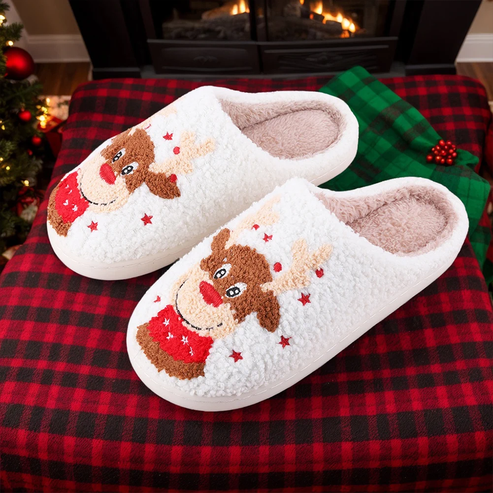 Christmas Elk Plush Slippers Comfortable Furry Reindeer Slipper Cute Animal Slippers Cartoon Elk Star Slippers for Autumn Winter