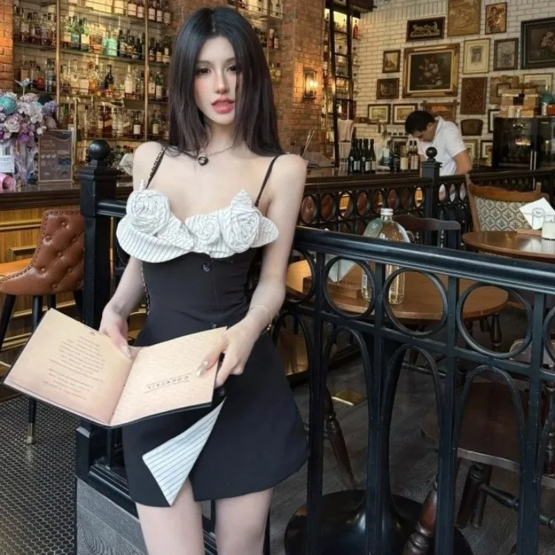 

Large Size Women's Clothing Design Sense Three-dimensional Flower Suspender Dress Summer New Sexy Spice Girl Waist and Hip Skirt