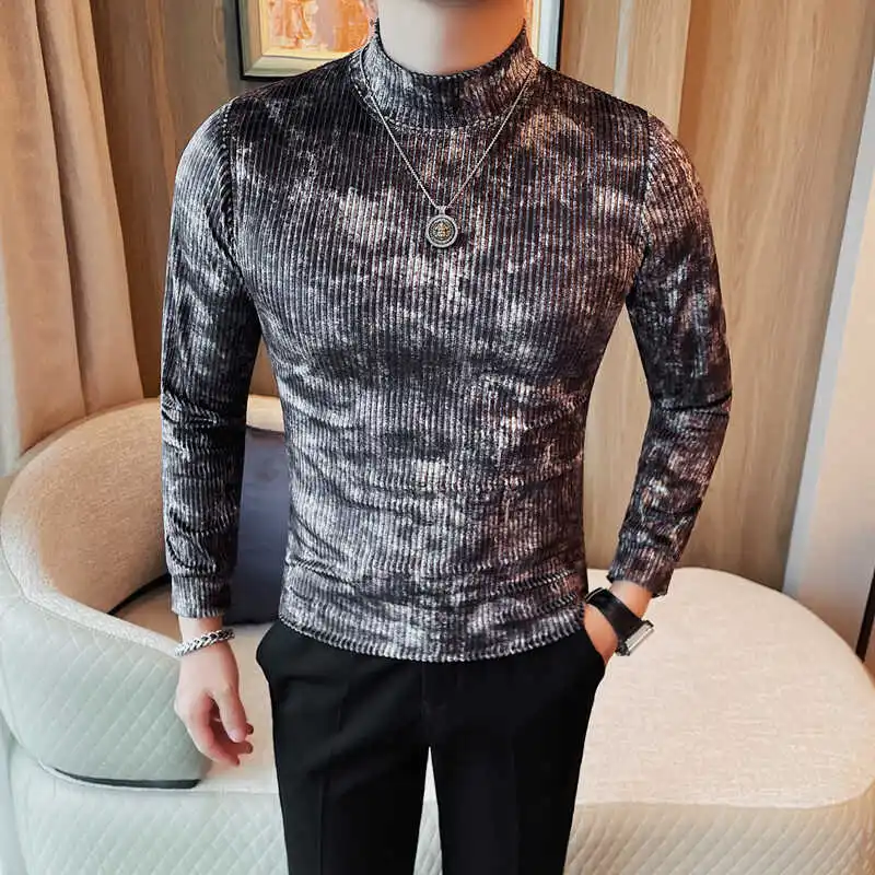 

Bandhnu Turtleneck T-Shirts For Men High Quality Autumn Winter Korean Luxury Velvet Men's T Shirt Slim Fit Casual Striped Tees