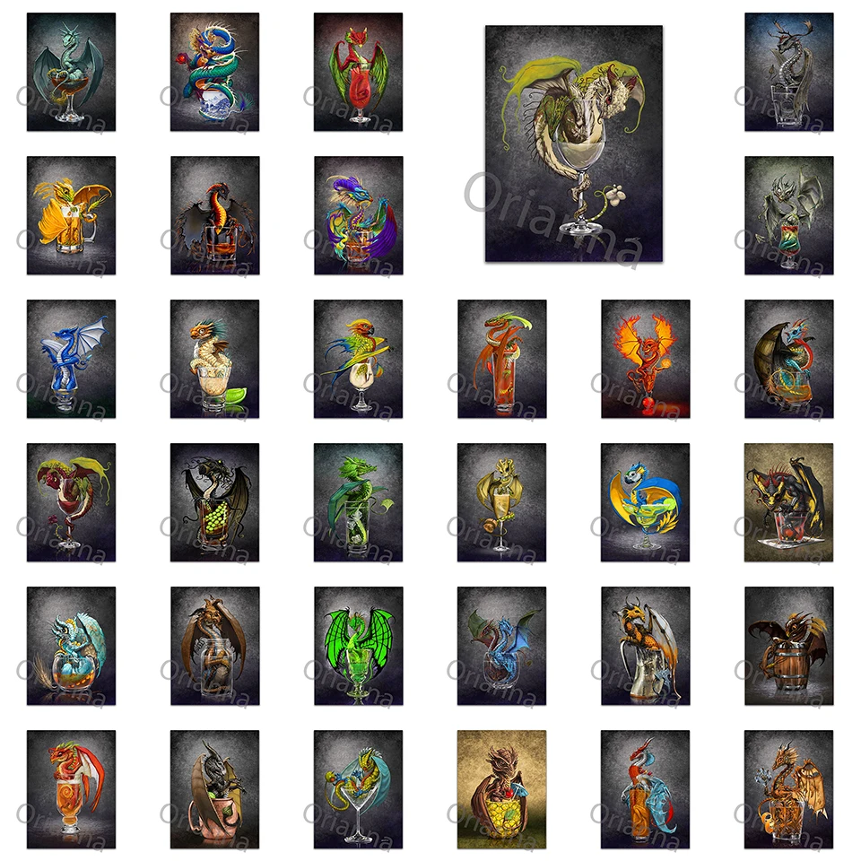 

Drinks And Dragons Vintage Poster,Cartoon Dragon Retro Prints Wall Art Canvas Painting Kitchen Wall Decor Bar Decoration Cuadros