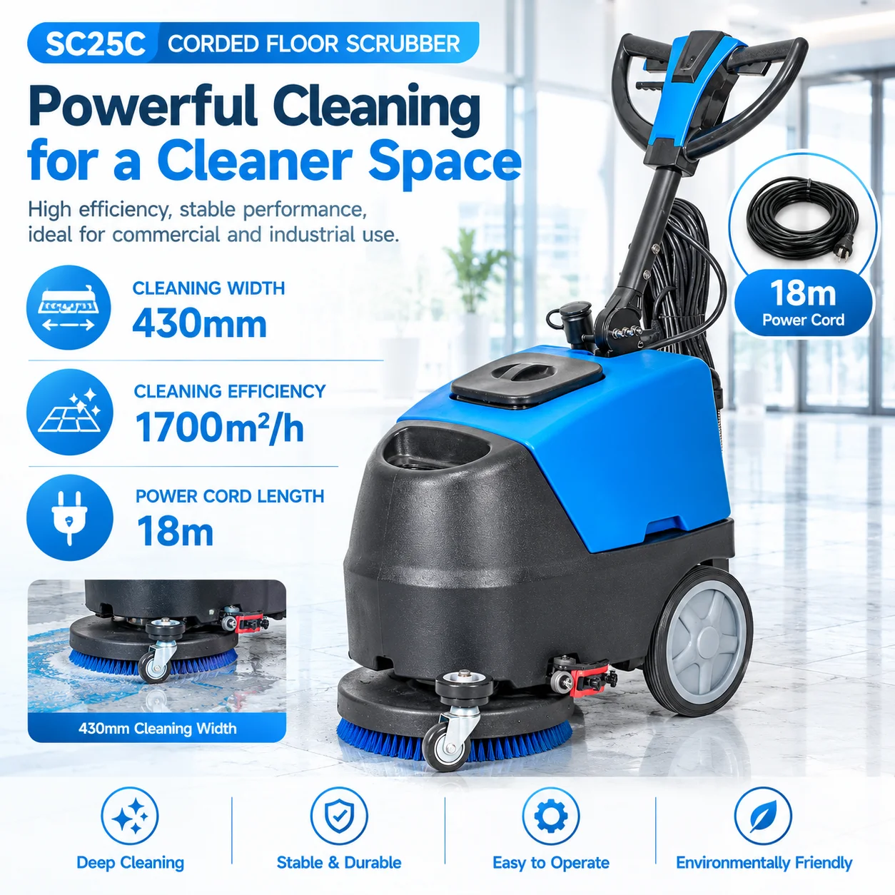 Corded Walk Behind Floor Scrubber Dryer Commercial Electric Cable Type Floor Washing Machine for Hotel Supermarket Office