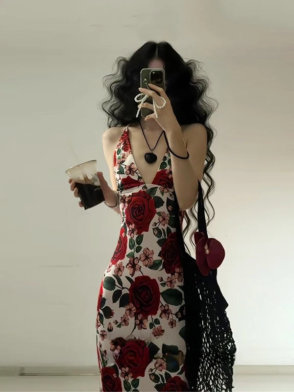 Rétro Rose imprimé sangle longue Dr minceur haute Ne Sexy Bal plage Vaion Dr été coton tricoté Maxi robe