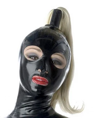 

Latex Hood With Wig Hair Back Zipper Rubber Mask Handmade For Women Catsuit Club Wear Costume