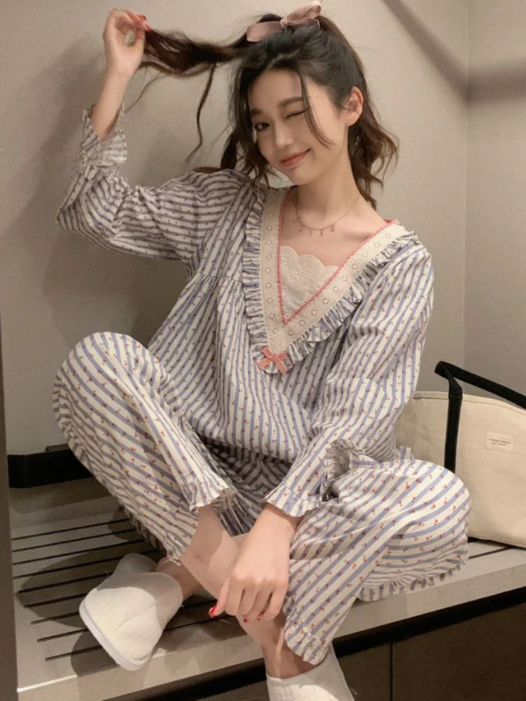 Striped Pajama Sets Women V-neck Autumn Tender Ruffles Sweet Home Students Korean Style Long Sleeve Sleepwear Casual All-match