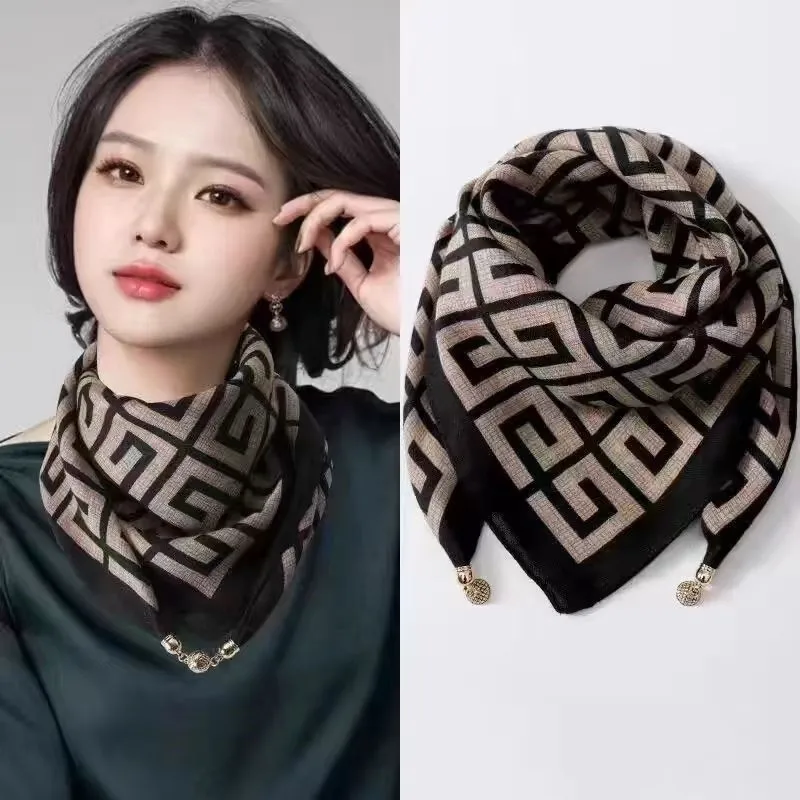 

Warm-keeping square scarf with magnetic buckle, triangular silk scarf, cotton scarf for women, versatile style