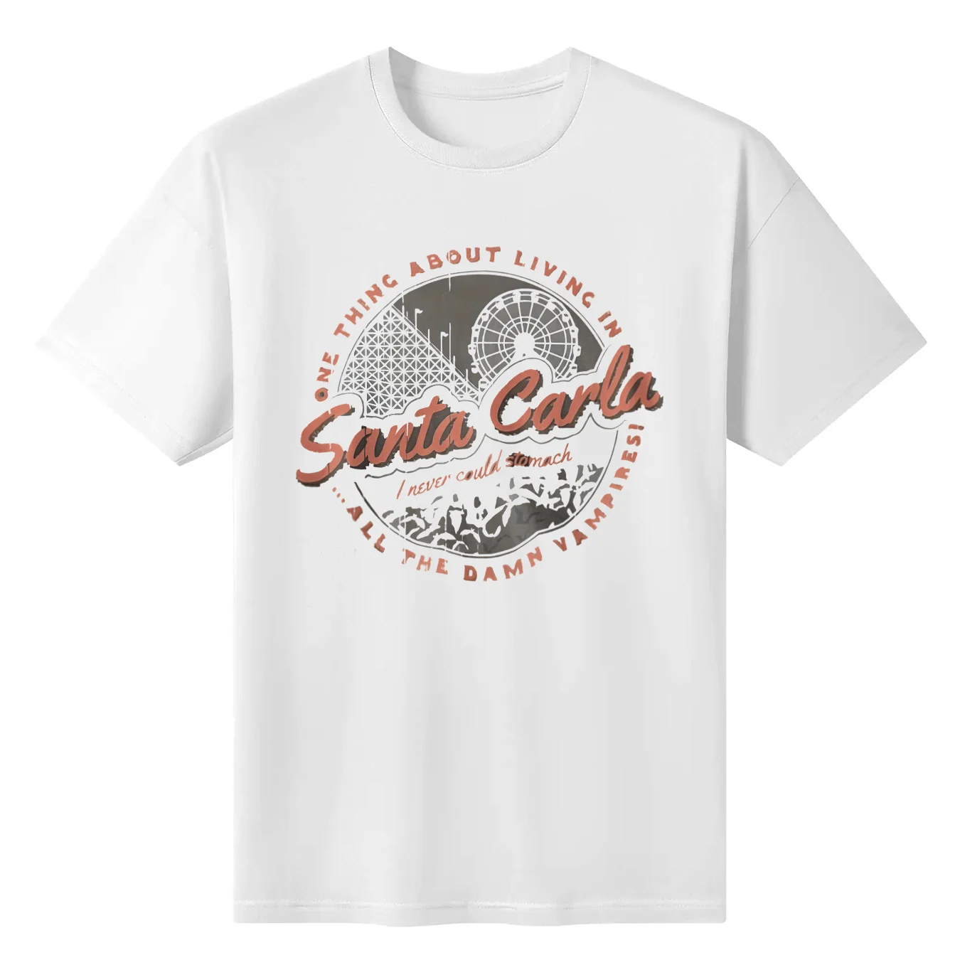 Living In Santa Carla T Shirt 100% Cotton Cartoon Movie Comic Carla Tage Game Carl San Liv Ant Age Ny