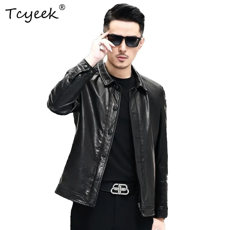 Tcyeek Top Layer Oil Wax Cowhide Jackets for Man Genuine Leather Jacket Men High-end Autumn Fitted Lapel Coats 2026 Chaquetas