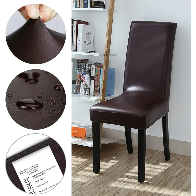 PU Leather Chair Slipcover Solid Waterproof and Oilproof Stretch Dining Chair Protector Cover (4 Sets, Deep Coffee)