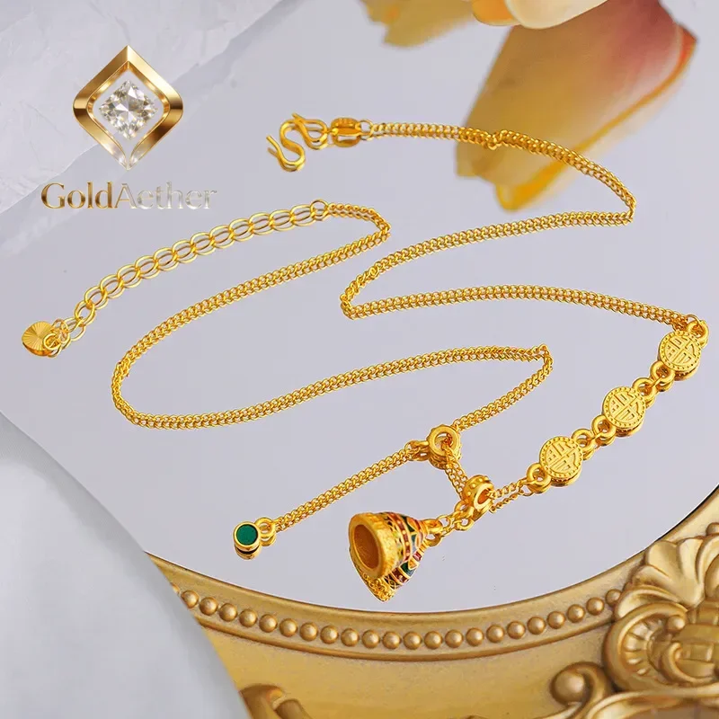 

GoldAether Women's Necklace 9999 24K Real Gold Ancient French Chaoyuanfu Wishing Set Chain New Chinese Design Enamel Color Craft