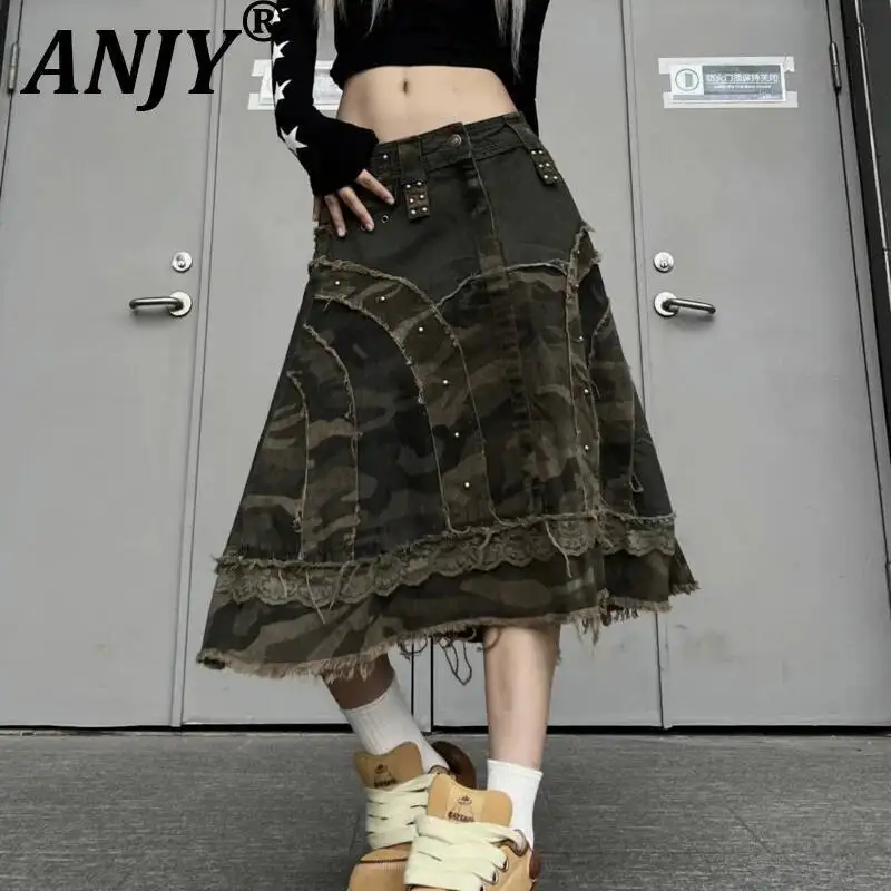 

ANJY Spring Summer New Women Heavy Distressed Rivet Camouflage Lace Patchwork Design Long Skirt Trendy Chic A-line Skirts A23284