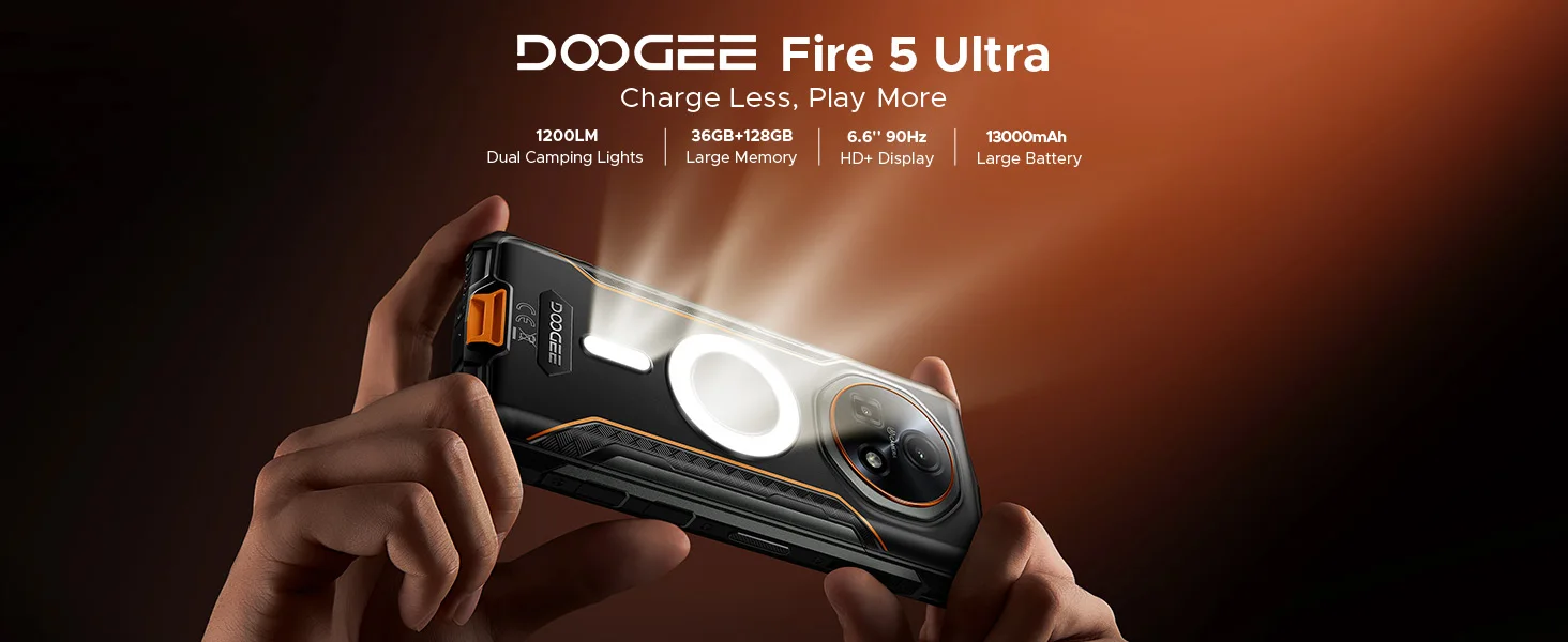 DOOGEE Fire 5 Ultra Dual Camping Lights 6.6" Rugged Phone 13000mAh Battery 36GB RAM (6+30) 128GB ROM Google Pay NFC Helio G81 Smart Phone