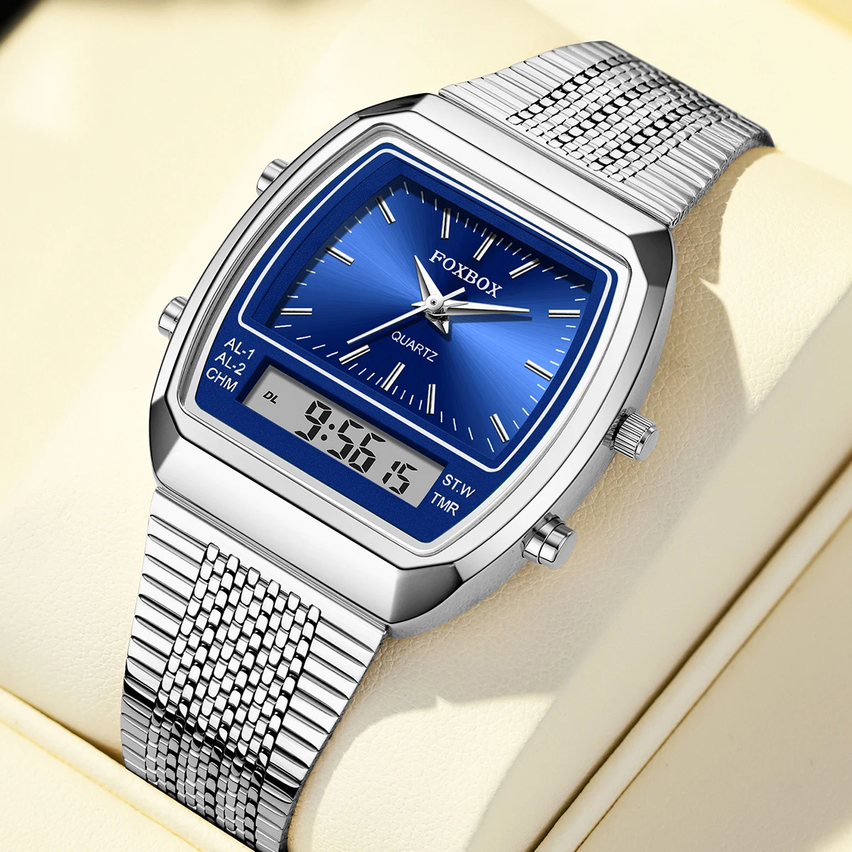 

Foxbox модные серебряные стальные ремешки кварцевые спортивные часы мужские двойной дисплей недели цифровые наручные часы водонепроницаемые часы Reloj Hombr