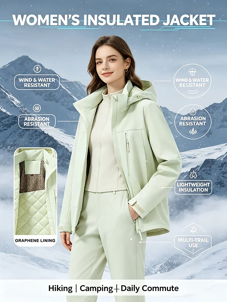 JNLN Damen Winter Thermomantel Wasserdicht Winddicht Warme Wattierte Jacken für Wandern, Camping, Skifahren, Klettern, Windbreaker – Detail 2