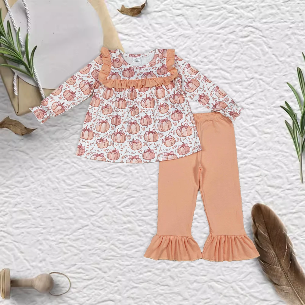

Flowers Pumpkin Print Long Sleeve Outfits High Quality Girls Casual Clothing Set Kids Wholesale Set