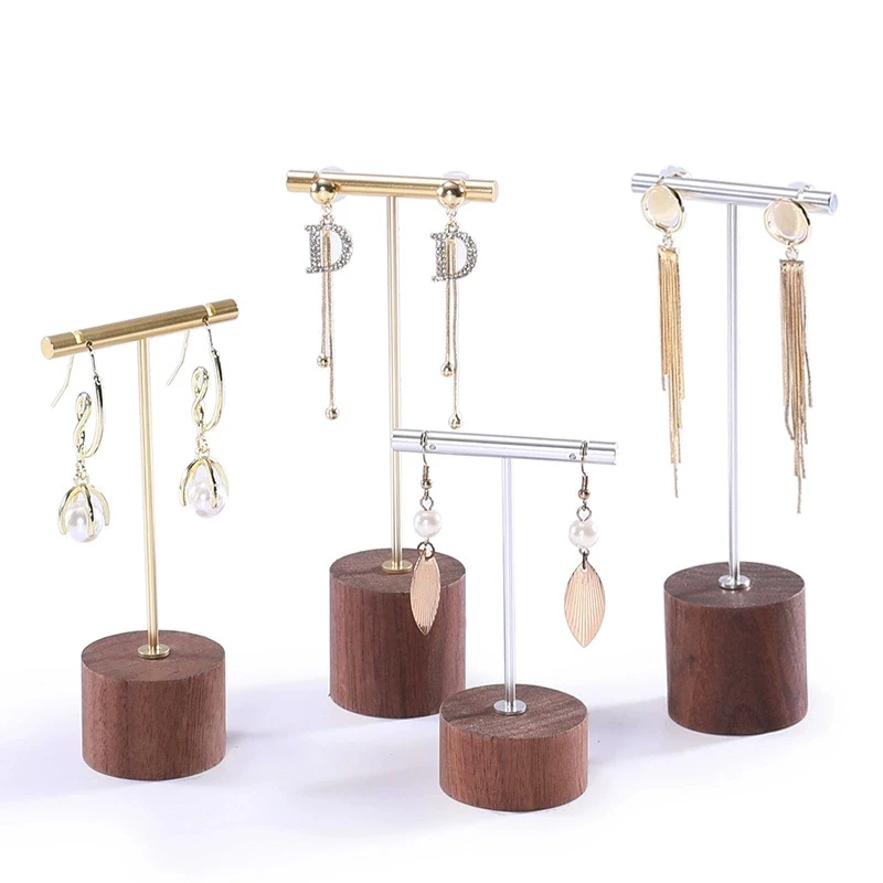 

1pc Fashion Metal T Bar Earrings Display Stand with Wooden Base Dangle Earring Hanging Jewelry Organizer for Store Retail & Home
