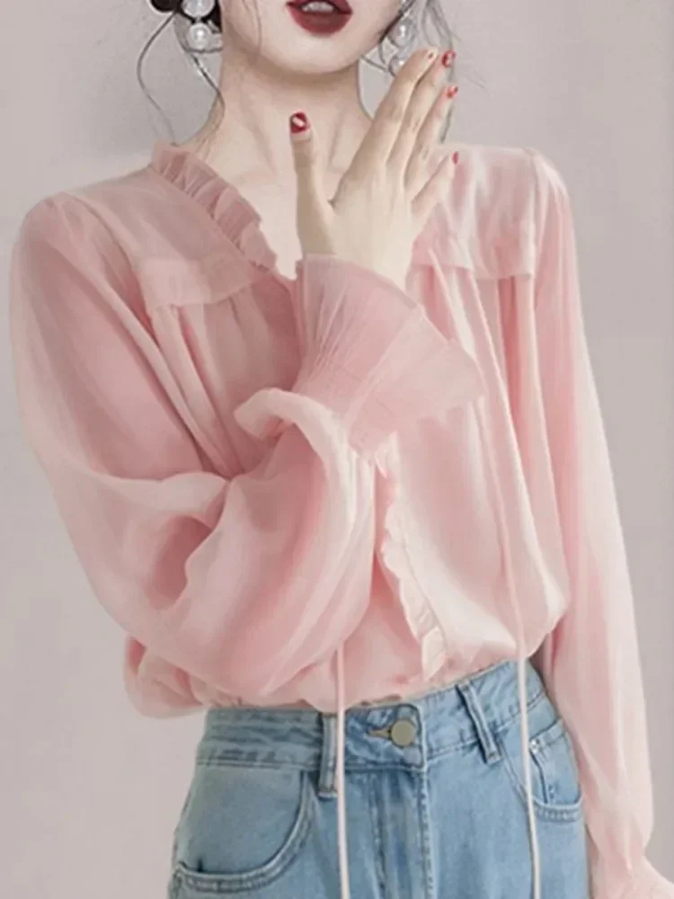 

Korean Camisas De Mujer V Neck Bandage Blouses for Women Temperament Flare Sleeve Shirts Sweet Ruffles Vintage Autumn Blouse Top