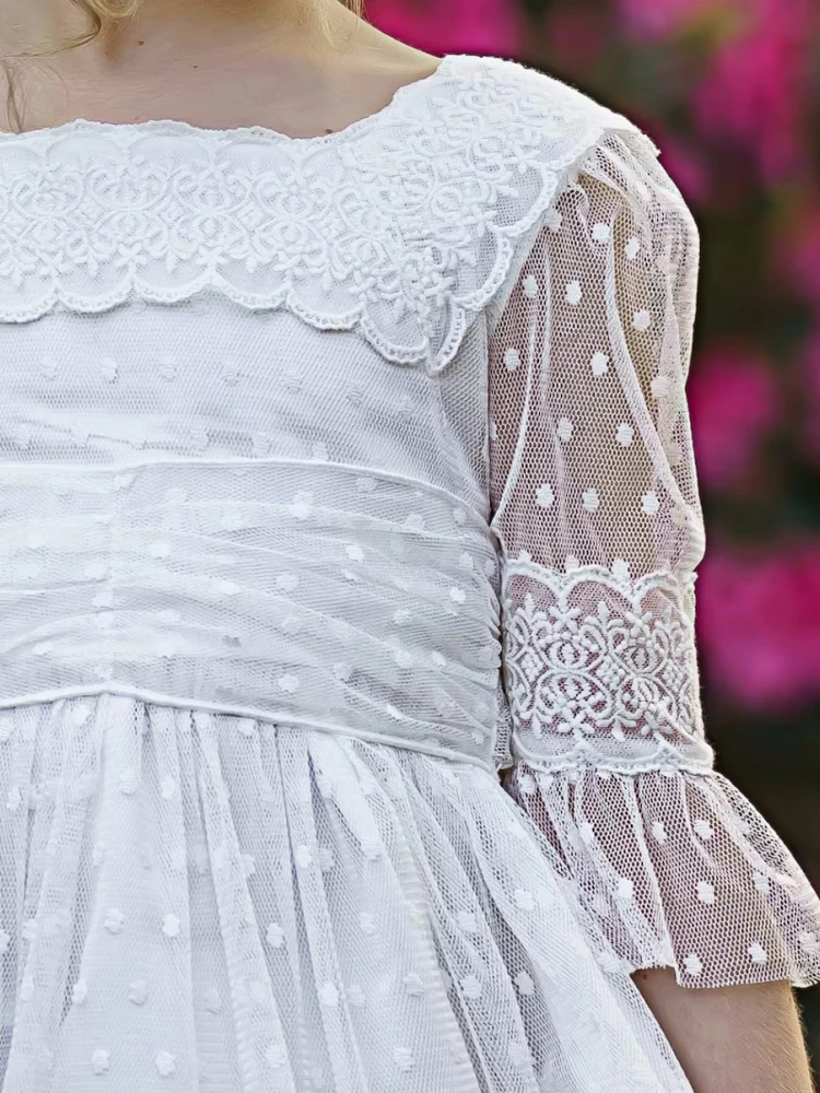 Weiße Blumen mädchen kleider Wellen punkt Tüll applikationen mit Schleife halber Ärmel für Hochzeit Geburtstag Bankett Prinzessin Kleider