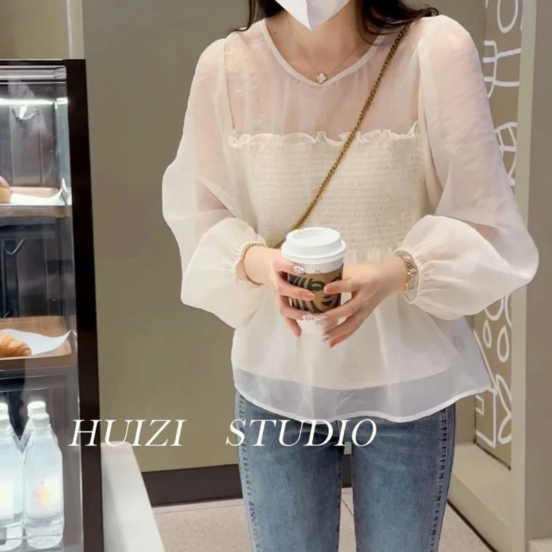 Women Korean Style Ruffle Sweet Chic Slim Blouses Summer Trend Solid Long Sleeve Thin Shirts Casual Round Neck Tops Blusa Mujer