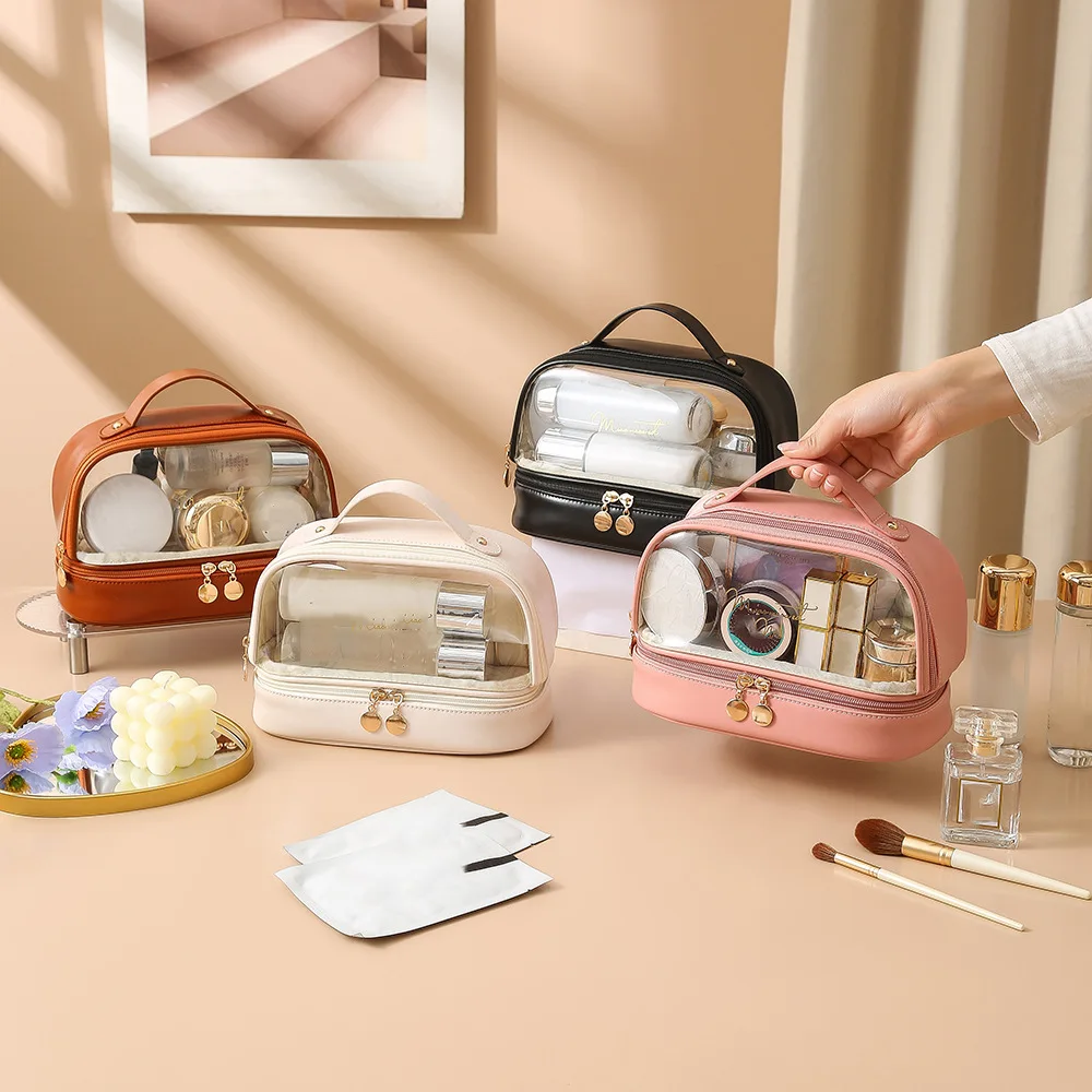 Double Layered Transparent Makeup Bag with Large Capacity and Convenient Travel Carrying Waterproof Toiletries Bag