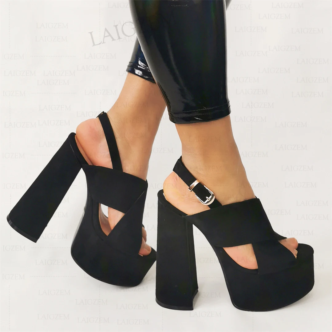 LAIGZEM Women Platform Sandals Open Toe Faux Suede Thick High Heels Pumps Black Handmade Summer Shoes Woman Big Size 38 41 44 52