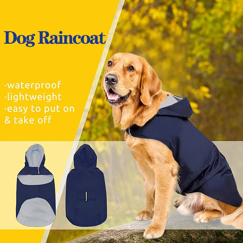 Impermeável com listra reflexiva para pet, jaqueta impermeável com capuz, Poncho de chuva, Rainwear para cachorro, Rainwear roupas para todos os tamanhos, cachorros grandes