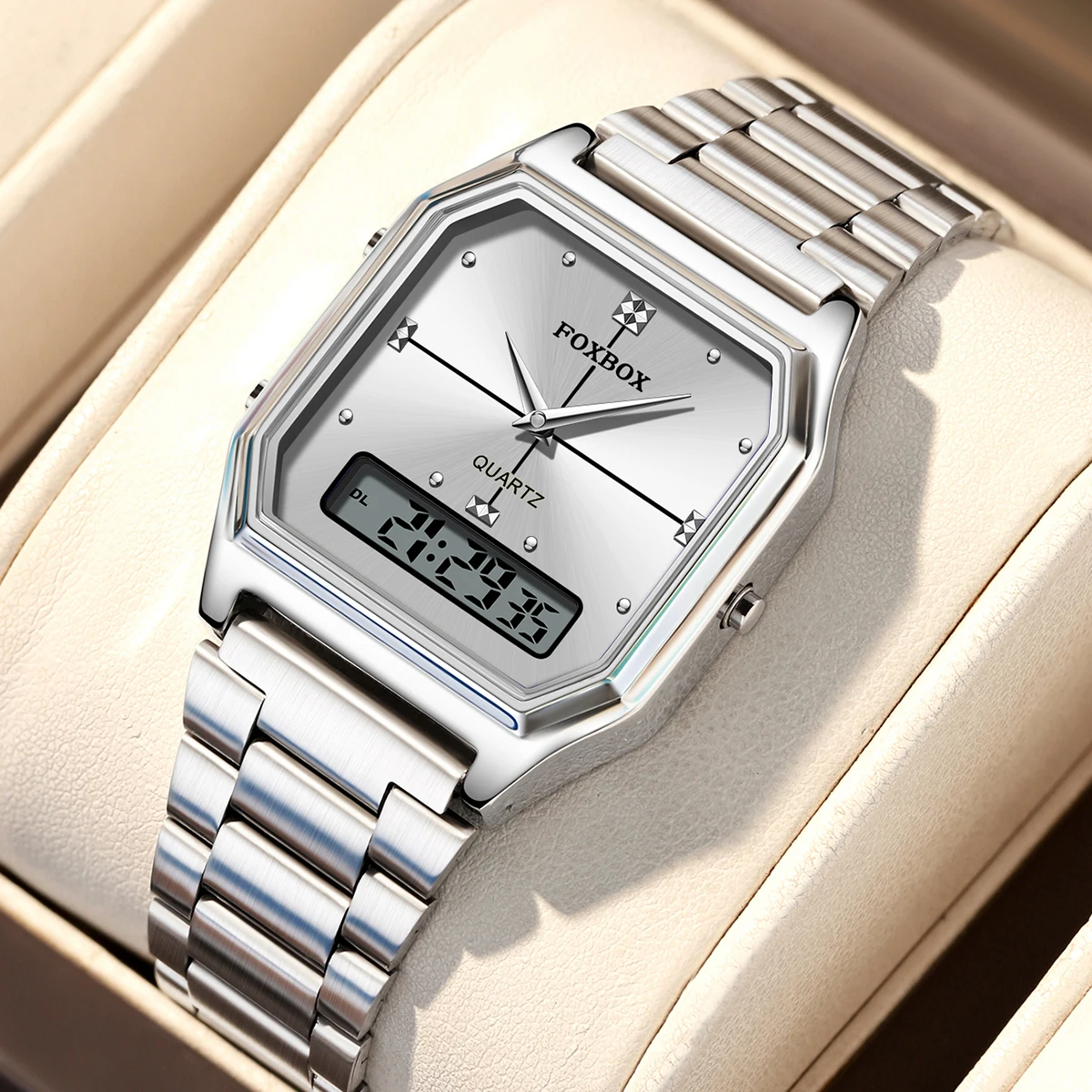 

Foxbox Luxury Mens Style Watches Stainless Steel Women LED Digital Dual Display Clock Unisex Waterproof Sport Quartz Women Watch