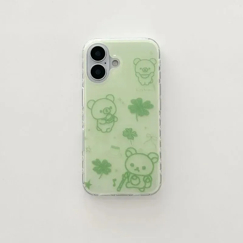 Capa de Celular Urso Fofo Trevo de Quatro Folhas Verde para iPhone 17 16e 16 15 14 13 12 11 Pro Max XR XSMax Air Plus com Textura de Pena